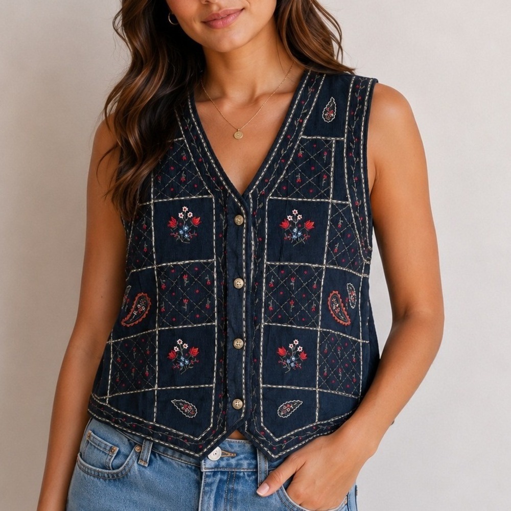 Vintage Bobbie Brooks Corduroy Floral Paisley Embroidered Vest Cottagecore Boho‎